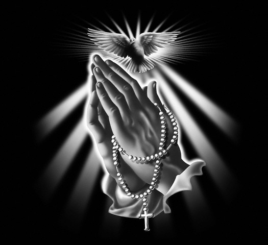 Praying Hands with Rosary Beads and Dove